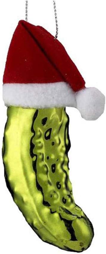 Noble GemsTM Pickle In Santa Hat Glass Ornament, Christmas