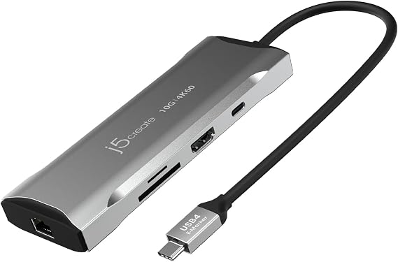 j5create Laptop Docking Station, 9-in-1, 4K60Hz HDMI, USB-C 10Gbps, 2 USB-A 10Gbps, 100W PD with USB-C 5Gbps, Ethernet, SD 4.0 Card Reader, for MacBook, XPS, Surface Pro (JCD393)