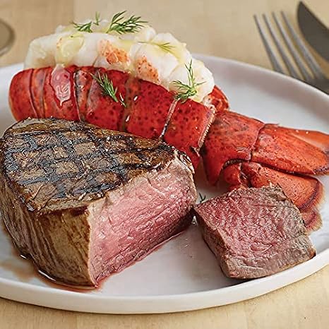 Premium Surf & Turf for Two - 2 Super TrimmedTM Filet Mignon steaks, 8 oz each, 2 North Atlantic Lobster Tails, 5 oz each. Aged up to 28 Days, from Kansas City Steak Company.