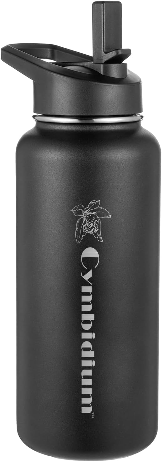 Cymbidium 32 oz Insulated Water Bottle - Stainless Steel Water Bottle, Black Water Bottles and Water Flask, BPA Free, Leak Proof.