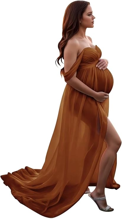 Changuan Off Shoulder Chiffon Maternity Dress for Photoshoot Sweetheart Long Babyshower Pregancy Gown with Slit