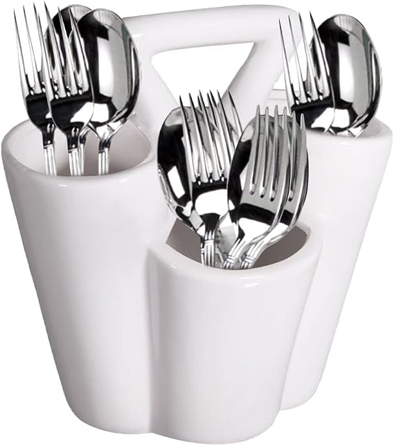 Farmhouse Decor 4 Section Ceramic Silverware Holder - Flatware and Cutlery Caddy - Kitchen Table Organizer (White)