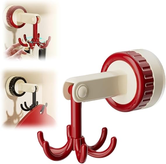 360 Degrees Rotating Folding Hook, No-punch Spatula And Spoon Storage Wall-mounted Rack, Self-Adhesive Suction Cup Hooks Rotating Kitchen Utensil Holder, Kitchen Utensil Hanger with 6 Hooks (Red)