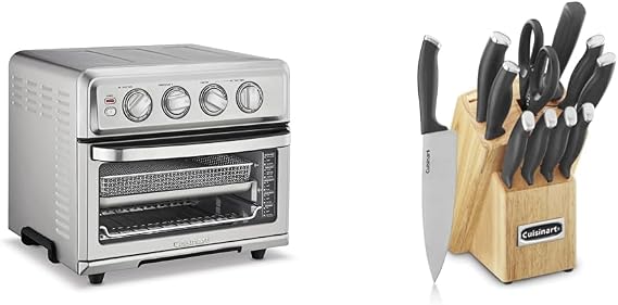 Cuisinart Air Fryer + Convection Toaster Oven, 8-1 Oven with Bake, Grill, Broil & Warm Options, Stainless Steel, TOA-70 & C77SSB-12P Color Pro Collection 12 Piece Knife Block Set, Black