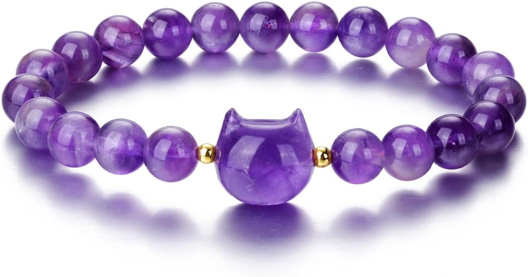 Jovivi Crystal Cat Bracelet for Women Men,8mm Natural Stone Beaded Bracelet Protection Healing Crystals Gemstones Stretch Bracelet Cat Jewelry Gifts for Good Luck,Money Attraction