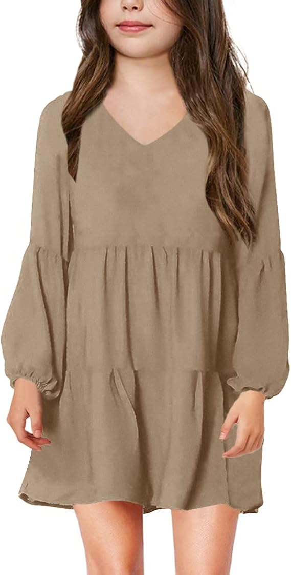 Imily Bela Girls Casual Tunic Dresses V Neck Long Short Sleeve School Party Swing Dress 5-14 Years