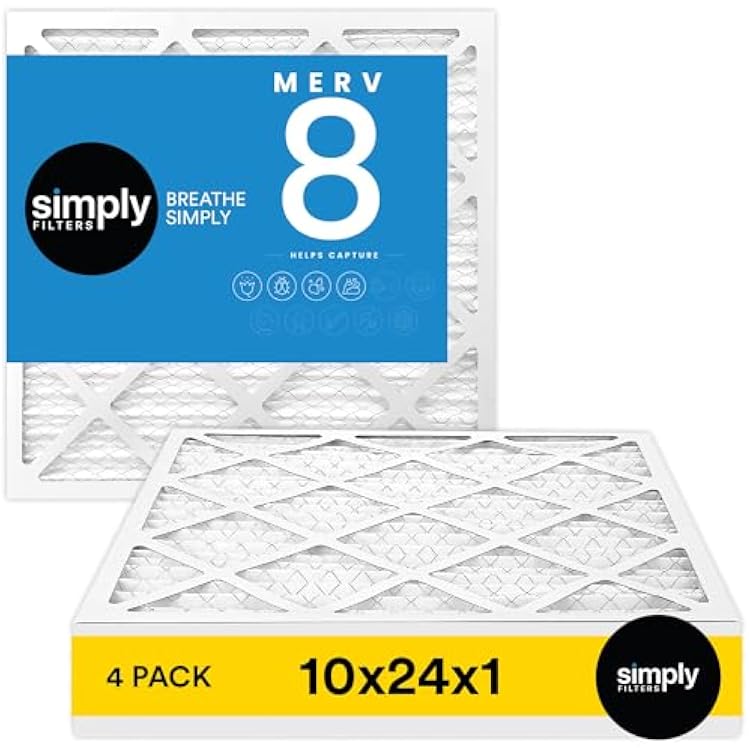 Simply 10x24x1 Air Filter, Merv 8, 4 Pack, For Home AC Furnace & HVAC Actual Size: 9.75x23.75x0.75 DUST, Pet, Allergy Control
