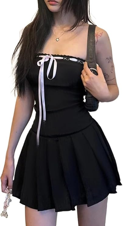 Pbkabiug Bodycon Mini Dress Korean Fashion Contrast Tie Bow Strapless A Line Pleated Dress Women Cute Sweet Kawaii Clothing