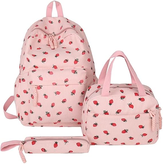 Cute Backpack With Lunch Box Teens Kawaii Strawberry Corduroy Backpack (Pink)