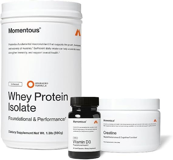 Momentous Arnold's Stack - Creatine Monohydrate Powder, Essential Grass-Fed Whey Protein Powder (Unflavored) & Vitamin D3 (2000 IU) - Daily Fundamentals to Support Muscle Strength & Longevity