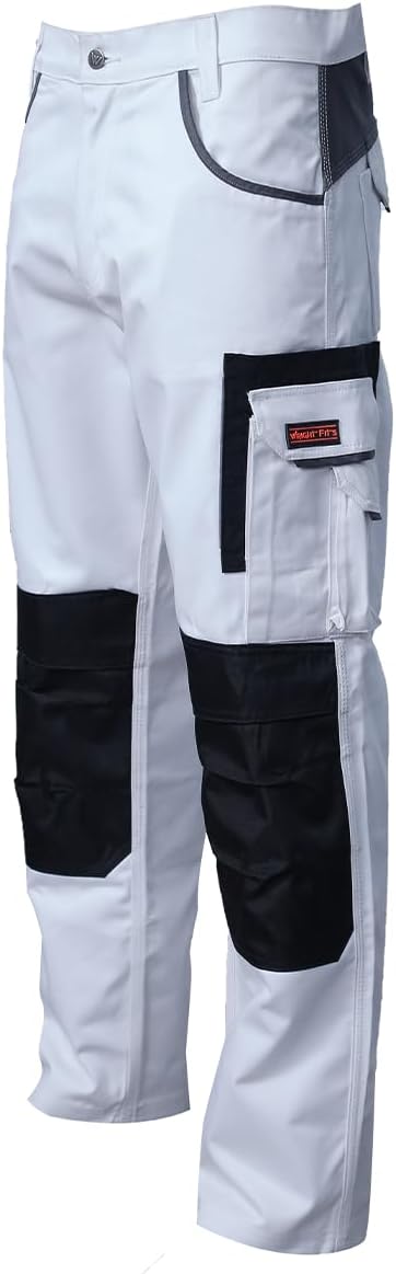WrightFits Olympian Painters Trousers for Men - Decorators Workwear with Knee Pads Pockets - Combat Style in White (30W - 42W)