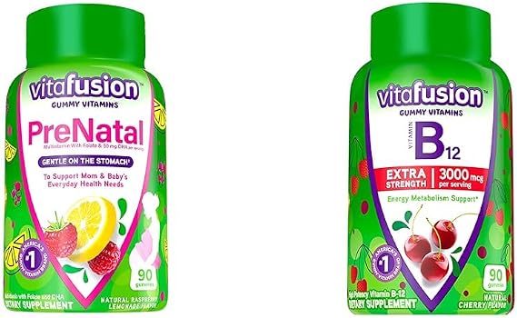 Vitafusion PreNatal Gummy Vitamins, Raspberry Lemonade Flavored, Pregnancy Vitamins for Women & Extra Strength Vitamin B12 Gummy Vitamins for Energy Metabolism Support