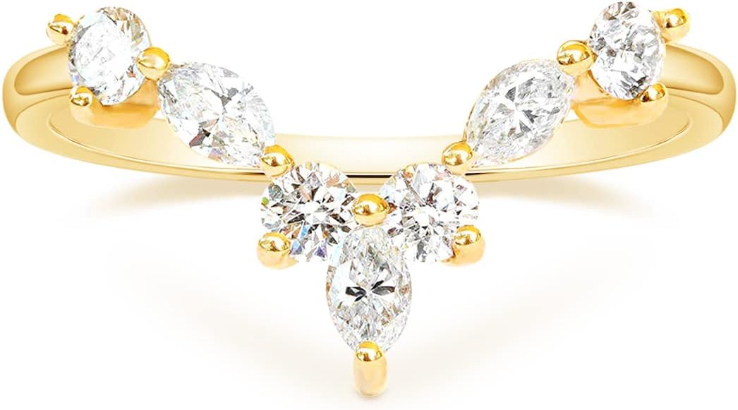 Mameloly Wedding Bands for Women 14K Gold Plated CZ Curved V Shaped Ring | Marquise & Round Ring, Dainty Stackable Ring, Cubic Zirconia, Engagement Rings for Her, Everyday Wear, Jewelry Gift