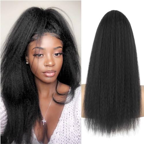 Long Yaki Straight Ponytail Extension for Black Women 20 Inch Natural Black Wrap Around Magic Paste Synthetic Clip in Ponytail Thick Kinky Straight Hair Pony Tail for Daily Use 1B