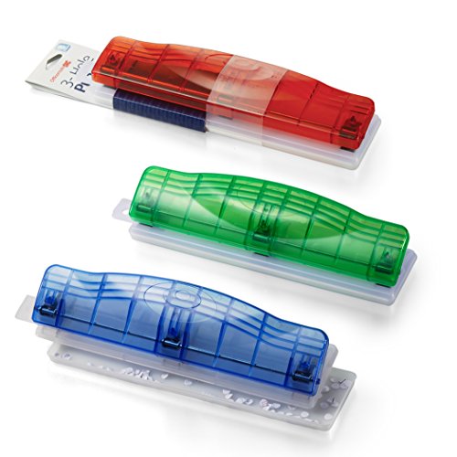Officemate Translucent Plastic 3 Hole Punch, 8 Sheet Capacity,  in Assorted Translucent Colors - Red, Blue and Green 90119