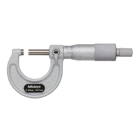 Mitutoyo 103-130 Outside Micrometer, Baked-enamel Finish, Ratchet Stop, 25-50mm Range, 0.001mm Graduation, +/-0.002mm Accuracy | Carbide-tipped measuring faces, ratchet stop mechanism, +/-0.002 mm accuracy, measures metal and non-metal workpieces