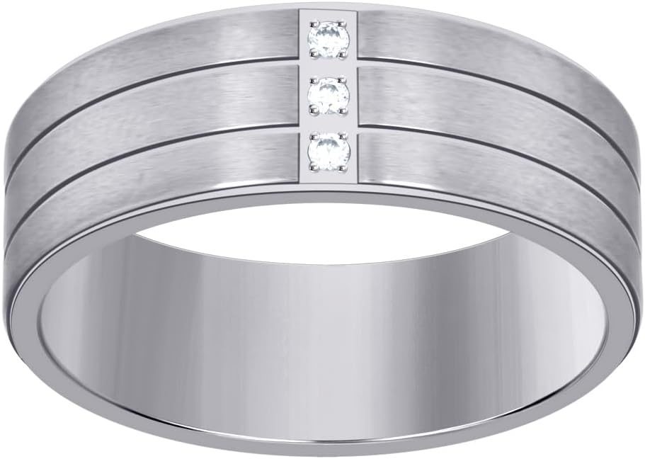 JewelryWeb Stainless Steel Mens Cubic Zirconia Double Grooved Polished Comfort-fit Fashion Band Ring Wedding Band for Men