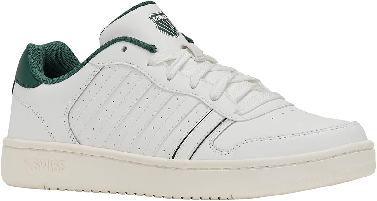 K-Swiss Court Palisades - Shoes for Men and Women - Vintage Tennis Style High Comfort - Cup Sole, Leather Upper, Lacing - Colour - Size, Bright White Posy Green Snow White, 10.5