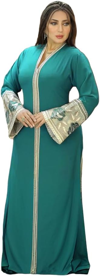 HD Front Zip Caftan Dress for Woman Rhinestone V Neck Kaftan Casual Gown