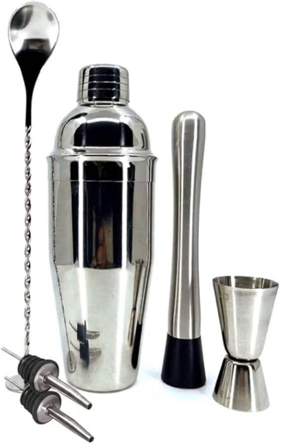 Paslanmaz Çelik Kokteyl Shaker Seti, Karıştırma Kaşığı, Jigger, Muddler ve Süzgeç Dahil, Gümüş 500 cl