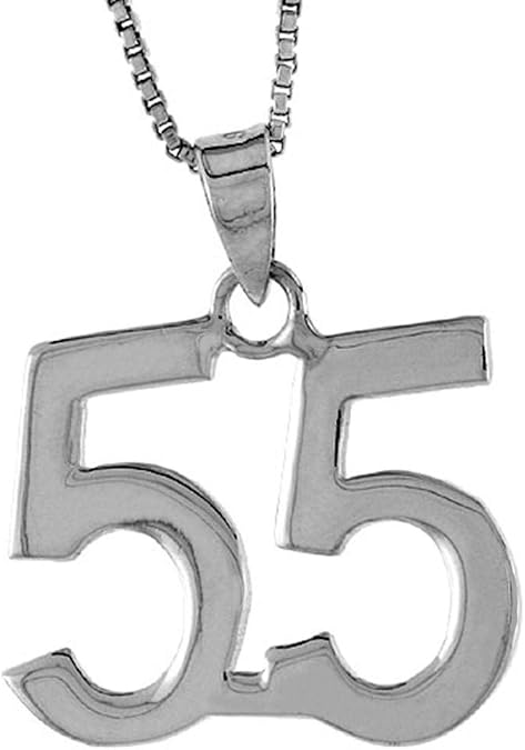 Sterling Silver Number 55 Necklace for Jersey Numbers & Recovery High Polish 3/4 inch 2mm Curb Chain