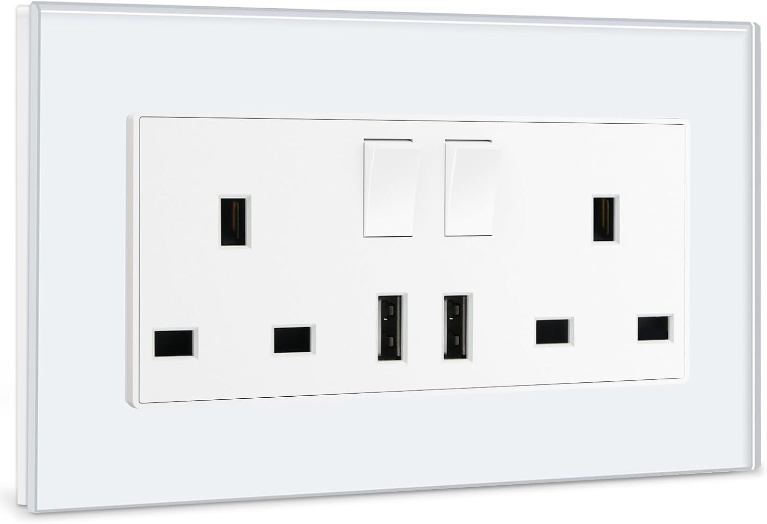 BSEED Double Switched Sockets with Two USB Charging Ports, UK Standard Electric Power Sockets with Glass Panel, 2 Gang 13A Wall Socket, White