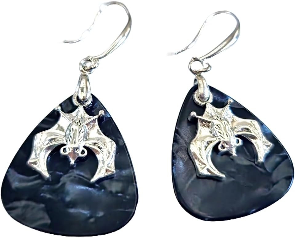 7Dots Art | Bat on Nacreous Black Guitar Picks Earrings | 925 Silver Ear Wire | for Halloween, party, gothic style | Black and Silver colors