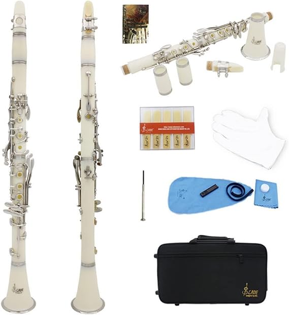 Professional Ebonite Bb Clarinet 17 Keys, Clarinet with Reed, Hard Case, Gloves, Cleaning Cloth Bb Clarinet for Beginners Musical Instruments(White;#1)