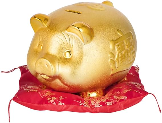 HEALLILY Ceramic Money Bank Golden Piggy Bank for Adults and Kids 6.3 Inch Cute Coin Saving Jar Decorative Ornament for Home Office Bookshelf and