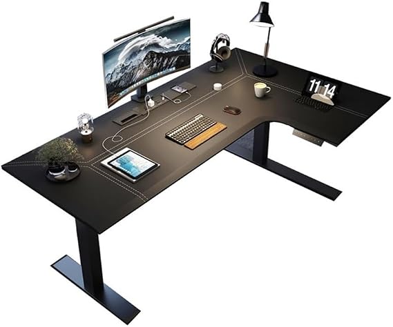 Computer Desk Adjustable Height L-Shaped Leather PC Desk, Electric Corner Standing Desk, Sit Stand Workstation with Charging Outlets(140cm)