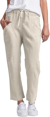 Womens Ankle-Length Linen Slim Fit Casual Pants with Pockets Drawstring Waist Pants