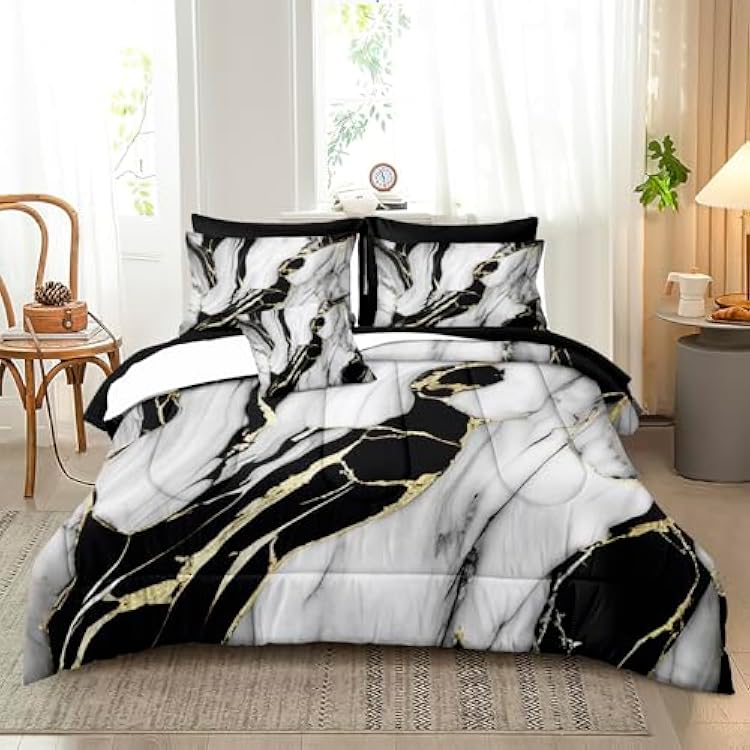Bedbay Marble Bedding King Size Black and Gold Comforter Set 8 Pcs King Bed in a Bag Gold Metallic Marble Print Luxury Bedding 1 Comforter 4 Pillowcases 1 Flat Sheet 1 Fitted Sheet 1 Cushion Cover