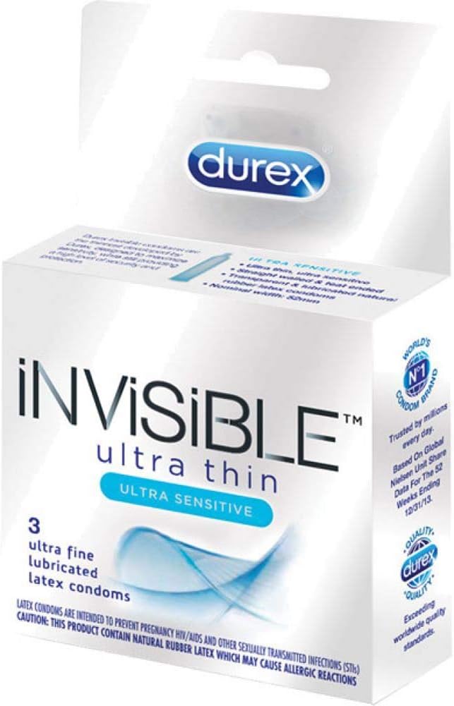 Durex Invisible Ultra Thin & Ultra Sensitive Premium Condoms, 3 Count
