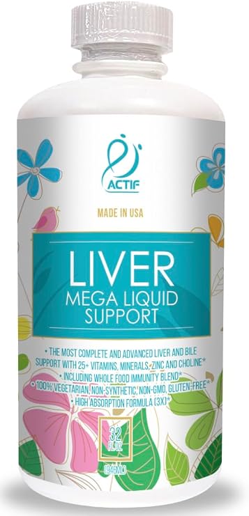 Actif Liver Mega Liquid Support - Complete Liver and Bile Maximum Strength Supplement, Non-GMO, Made in USA, 32oz