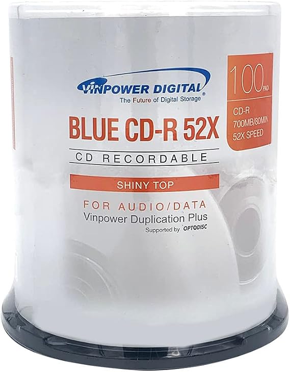 Vinpower Blue AZO CD-R 700MB 52X Shiny Silver Top Blank CDs, 100-Pack