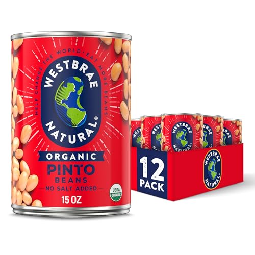 WESTBRAE Organic Pinto Beans, No Salt Added, Source of Plant Based Protein and Fiber, Low Fat, Gluten Free, 15 oz Pack of 12