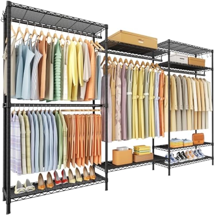 Ulif E13 Max Heavy Duty Clothes RackWith 4 Hanger Rods & 8 Shelves Freestanding Clothing Racks for Hanging Clothes,Adjustable Closet,Metal Garment Rack 86 W x16 D x77 H,Max Load 1100LBS,Black