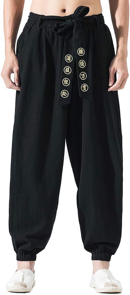 HAORUN Men Chinese Style Kung Fu Pants Tai Chi Loose Trousers Linen Casual Retro Wide Leg