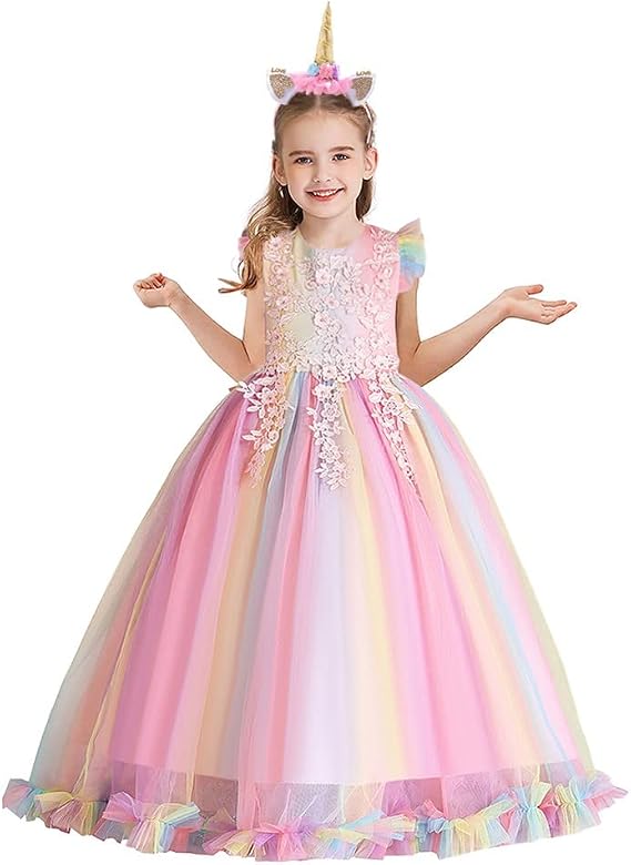 Girls Unicorn Rainbow Birthday Tulle Dress Princess Pageant Dance Gown Christmas Party Halloween Costume w/Headband
