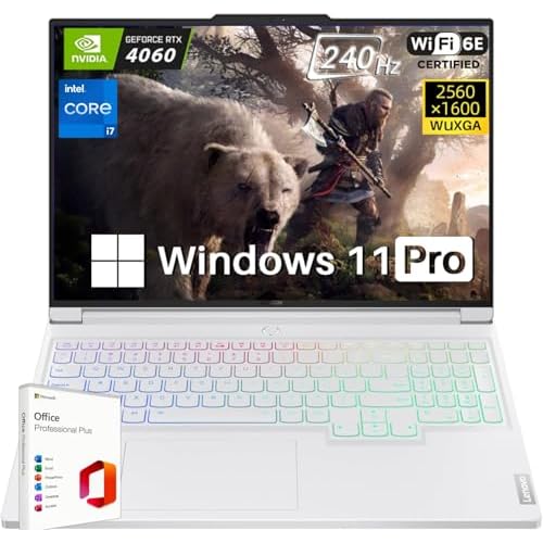 Lenovo Legion 7i 16 Inch Gaming Laptop, Intel i7 14700HX, NVIDIA RTX 4060, 2.5K High Revolution, 32GB RAM DDR5, 1TB SSD, WiFi 6E, Windows 11 Pro, Office Lifetime Licence, Glacier White, Accessories