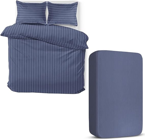 MOONLIGHT20015 4 Piece King Bedding Set Satin Stripes Duvet Cover Fitted Sheet with Pillow cases Hotel Quality Soft Brushed Microfiber Washed Blue