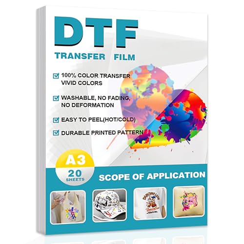 20 Sheets A3 DTF Transfer Film 11.7x16.5 - Double-Sided Matte, ColdHot Peel PET Heat Transfer Paper,Compatible with DTF Inkjet Printers, Suitable for beginners,Suitable for All Fabrics