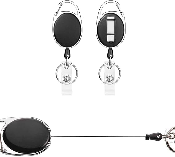 Retractable Badge Holder,Badge Reel 2 Pcs for Id Card Badge Holders, Keyring,Keychain,with Clip,Retractable Lanyards (Black 2 Pcs)