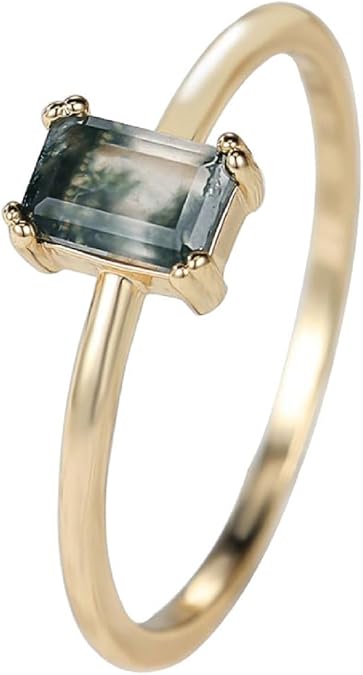 Moss Agate Ring - Gold Plated Rectangle Solitaire Stackable Band for Women