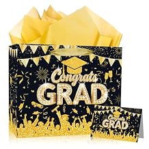 Class of 2026 Graduation Gift Bag - Black and Gold Congrats Grad Gift Bags Set with Gold Tissue Paper Graduation Card Envelope Reinforced Handle Ideal for High School College Kindergarten Preschool Graduation for Men Women 12 Inch