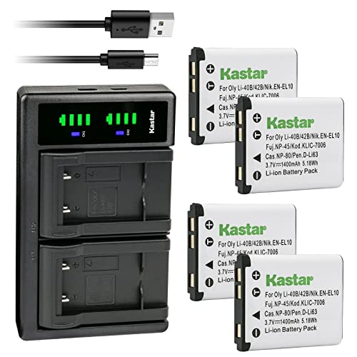 Kastar 4-Pack Battery and LTD2 USB Charger Compatible with Agfa Agfaphoto Optima 100 102 103 104 3, Optima 830 UW, 830UW Aldi Traveler IS-12, IS12, SW-12, SW12, Touch one, UW-8, UW8