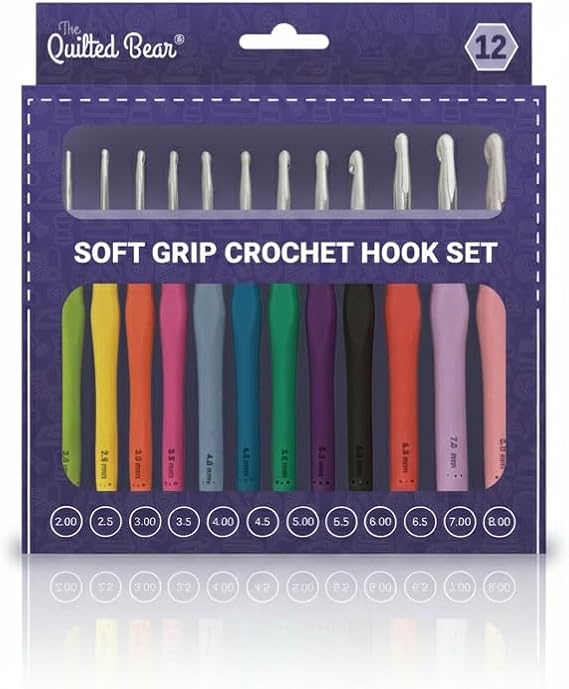The Quilted Bear Crochet Hooks Set - 12 Piece Ergonomic Soft Grip Silicone Rubber Handle Crochet Hook Set Knitting Accessories (2mm, 2.5mm, 3mm, 3.5mm, 4mm, 4.5mm, 5mm, 5.5mm, 6mm, 6.5mm, 7mm & 8mm)