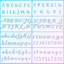 8 Pieces Calligraphy Letter Number Stencil Reusable Template Cursive Alphabet Cake Stencils with Metal Open Ring for Cake Airbrush Art and Craft Painting (7.8 x 3.9 Inch)