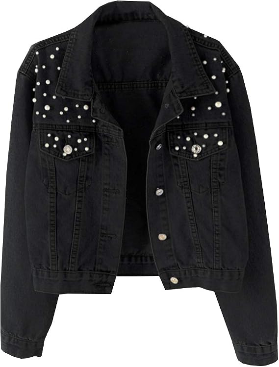Kedera Women Oversized Denim Jacket Embroidered Pearls Beading Jeans Coat