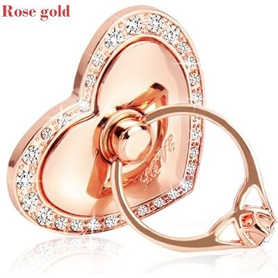 Phone Stand, Luxury Updated Re-Usable Metal Stainless Phone & Tablet Anti Drop Ring Stand Holder with Diamonds for iPhone iPod iPad Samsung and More Heart Shape Rosegold